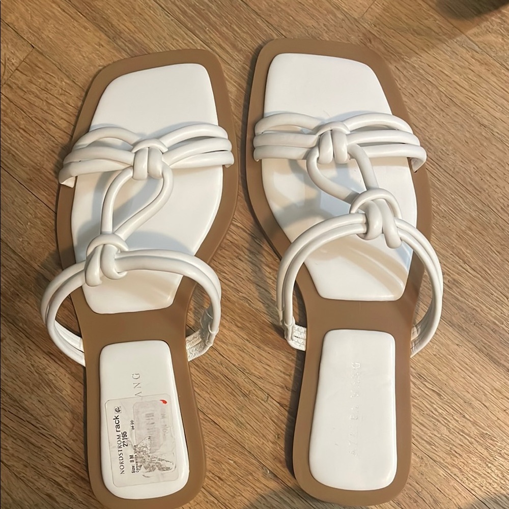 White and Tan Flat Sandals with Braided Design